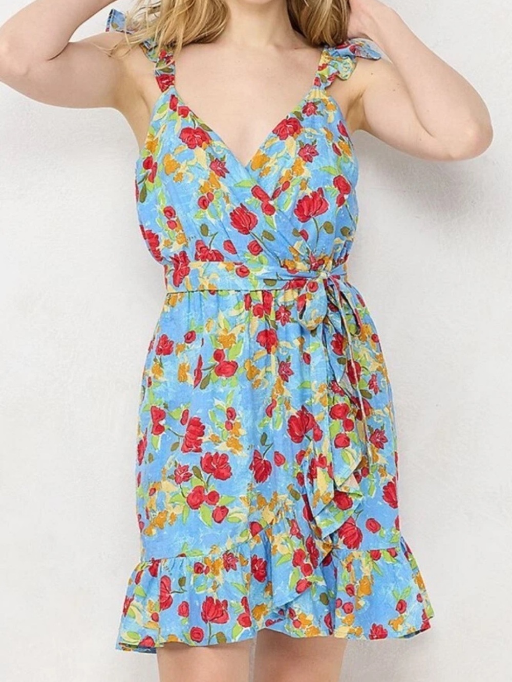 LC Lauren Conrad Light Blue Floral Tie-Waist Sundress with Red & Yellow Blooms